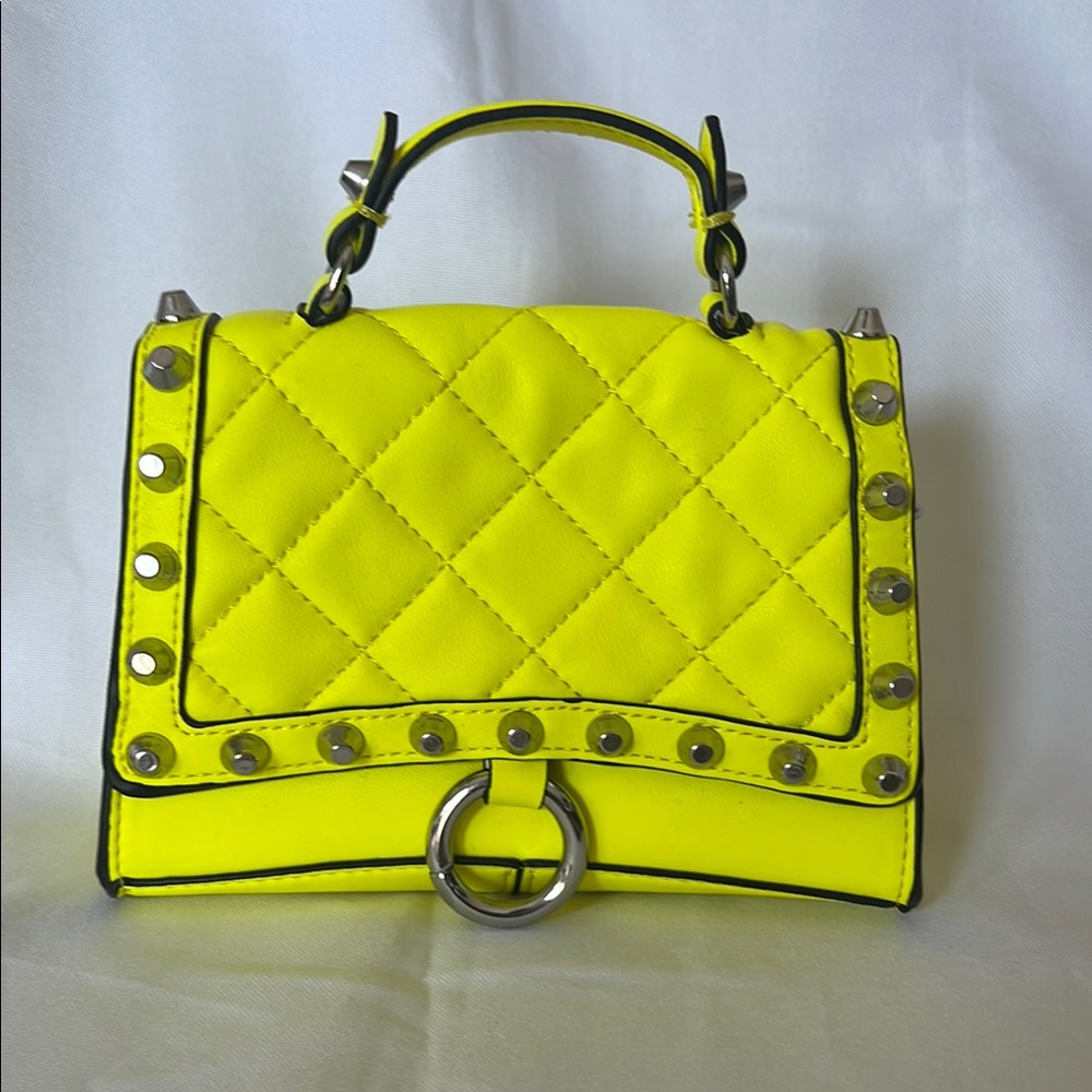 Zara NeonYellow Quilted Handbag with Silver Accents